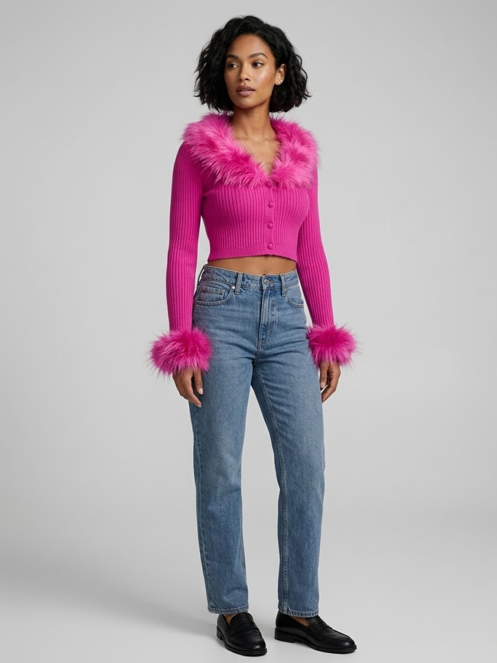 Faux Fur Collar & Cuff Cropped Cardigan Sweater Ribbed Button Down Knit Top